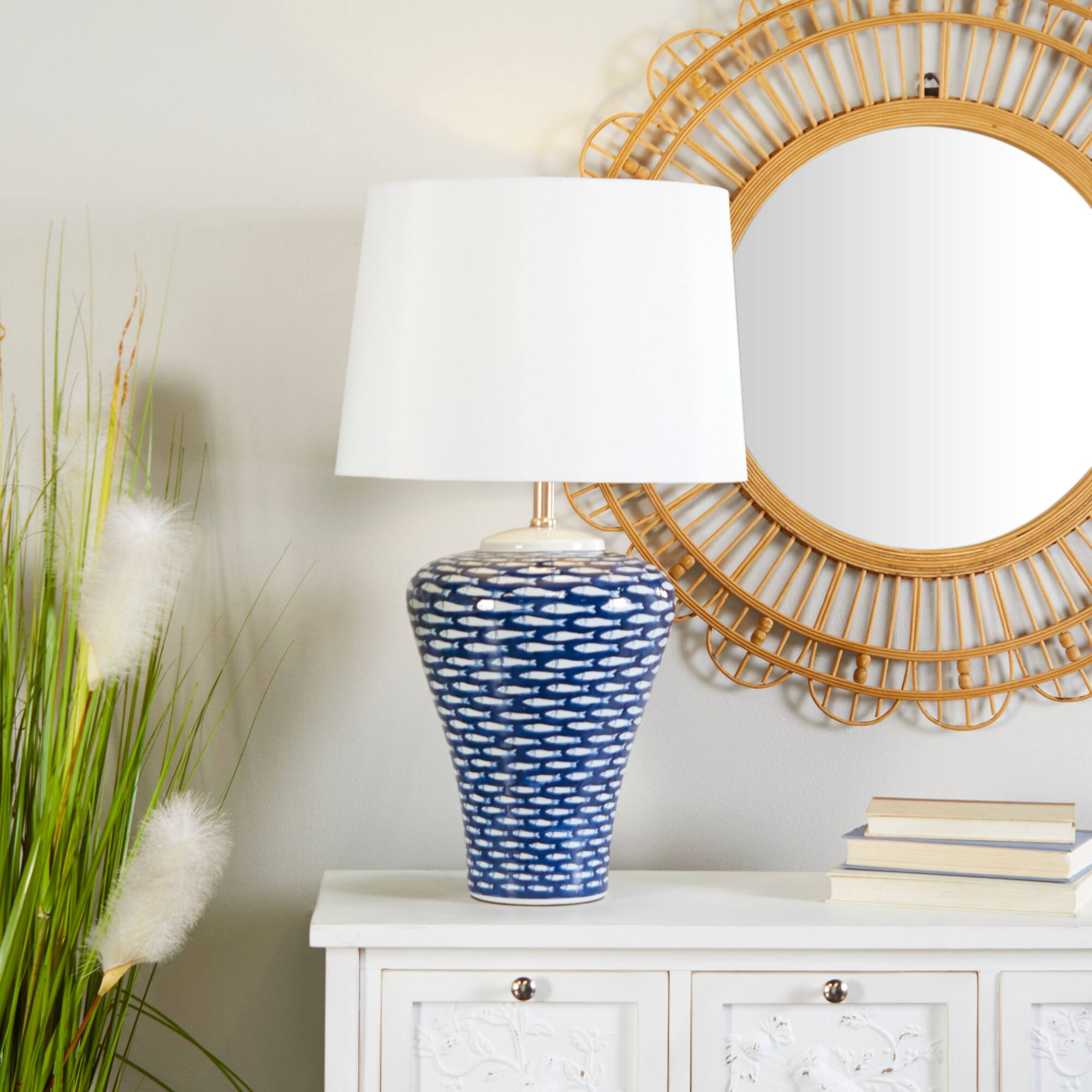 Dark Blue Ceramic Gourd Style Base Fish Table Lamp with Drum Shade 15" x 15" x 29"